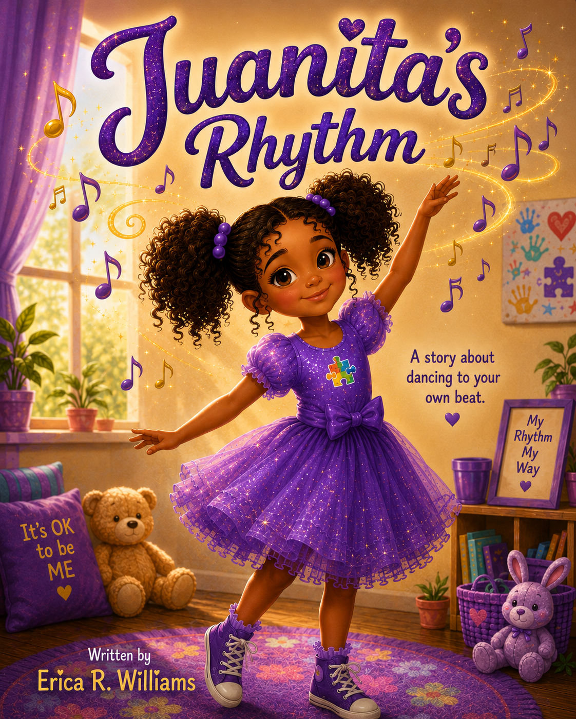 Cover of Juanita's Rhythm by Erica R. Williams: a young girl in a sparkly purple dress dancing among floating musical notes