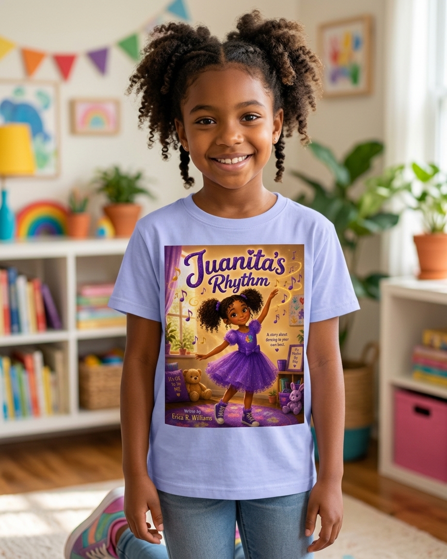 A smiling girl wearing a lavender Juanita's Rhythm t-shirt printed with the book cover, standing in a bright playroom